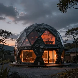 epic exterior photo of a small futuristic organic japanese geodesic house, dramatic lighting, black and orange colour palette, long shot, archviz