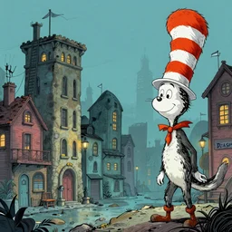 “A vivid, detailed illustration of an eerie, abandoned cityscape by Dr. Seuss from his Midnight Collection.”