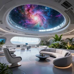 ultra modern concept design of a vast spaceship interior, futuristic chairs and sofas can be seen in the foreground, a large colorful nebula can be seen from a window, large plants in the background, industrial design concept, wide angle shot