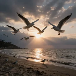 at dawn a flock of seagulls takes flight from the beach, early morning light, sunrise, dramatic lighting, cinematic, matte painting in the style of Ivan Aivazovsky