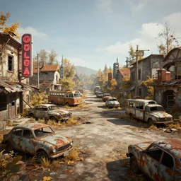 low wide angle shot of dilapidated fallout 5 europa, temperate euro small town, desolate, dilapidated neon signs, few rusted retro futuristic vintage parked vehicles like cars, buses, trucks, trams, volumetric lighting, photorealistic, daytime, autumn, sunny weather, sharp focus, ultra detailed, realistic, 8 k, extremely detailed, cgi, trending on artstation, hyper - realistic render, 4 k hd wallpaper, premium prints available, octane render, award winning, by greg rutkowski