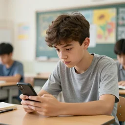 A teenager in a classroom looking at his smartphone, artwork by Craig Mullins, sharp, detailed, trending on artstation