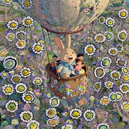 a wholesome cottagecore illistration of a happy rabbit riding in a hot air balloon with family, sunset, studio Ghibli, Pixar and Disney animation, sharp, Rendered in Redshift and Unreal Engine 5 by Greg Rutkowski, Bloom, dramatic lighting
