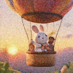 a wholesome cottagecore illistration of a happy rabbit riding in a hot air balloon with family, sunset, studio Ghibli, Pixar and Disney animation, sharp, Rendered in Redshift and Unreal Engine 5 by Greg Rutkowski, Bloom, dramatic lighting