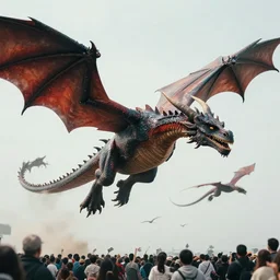 photo of dragons flying over people, realistic, dslr, 8 k