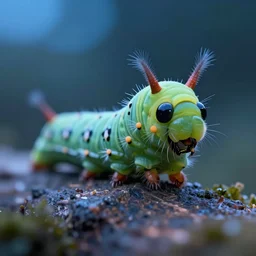 high quality macro photo cute puss moth caterpillar! highly detailed hannah yata elson peter cinematic blue lighting high quality low angle hd 8 k sharp shallow depth of field