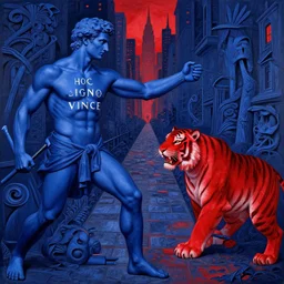 only with blue, caesar during war, a red tiger, in hoc signo vinces, nyc in background, an ancient path, in the style of beksinski, part by hopper, part by rodcenko, part by hofbauer, intricate composition, blue by caravaggio, insanely quality, highly detailed, masterpiece, red light, artstation