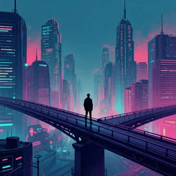 a man standing on top of a bridge over a city, cyberpunk art by beeple, behance contest winner, altermodern, cityscape, synthwave, matte painting