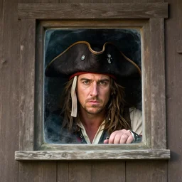 meme, russell crowe as javert with large wide pirate captain hat peering out concerned down to camera from a small glass window in a wooden wall, 2 0 1 2