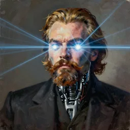 painting of a lenin cyborg with laser shooting eyes by stalenhag and beeple