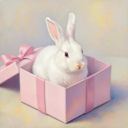 white rabbit in a gift box, pastel colors, painting, shading, atmospheric perspective