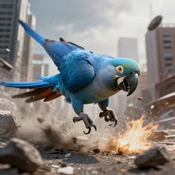 giant blue Parrotlet destroying city in rage, rampage, destruction, apocalypse