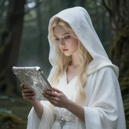 the goddess of memory divinely enchanting a silver tablet in a forest, white hood, white robes, blonde, fantasy, magical, realistic and detailed, spiritual, supernatural, intricate, elegant, highly detailed, digital painting, trending on artstation, by wlop, 4 k octane render