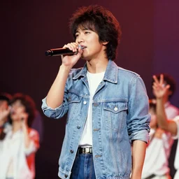 photo of singer singing in an japan 1 9 8 0 pop big concert, color photo, colored