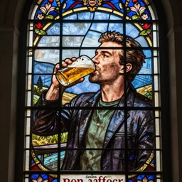 photo of a stained glass window with the image of ben affleck drinking a beer