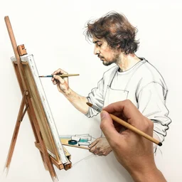 sketch of painter doesn't know where to buy brushes and canvases, sketch