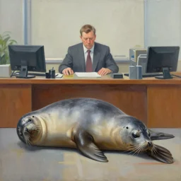 oil painting of a crabeater seal snoring in the offices of a very serious - looking company