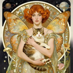 female holding 🐱 on her arms, with 🦋 wings, 🍄 surrounding,, 💫 🪐 🌷 background, surreal art, fantasy, regal, intricate, by stanley artgerm lau, greg rutkowski, thomas kinkade, alphonse mucha, loish, norman rockwell