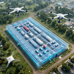 aerial view, hologram, capsules, supplies, rectangle distribution, vertical, housing, market, greenhouse, migrants, big drones, unreal engine, octane, hdr, 4 k, uhd, hyperealistic, realistic, render, archviz, artstation, behance, trending