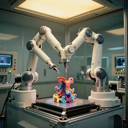 a complex bifurcated robotic cnc surgical arm cybernetic symbiosis hybrid mri 3 d printer machine making colored organic ceramic fractal forms in a glass room laboratory room with control panels, golden hour overhead lighting, film still from cyberpunk tech 2 0 7 7 movie by stanley kubrick, wide lens, f 3 2,