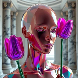 a beautiful mannequin covered in multicolored 3 d geometrical print, by james jean, a portal to a new world + tulips made of chrome dripping iridescent black liquid!!!!!!!!!!!, photorealistic portrait, crisp quality and light reflections, inside a room with marble columns, transcendent, vibrant color, clean linework, finely detailed, 4 k, trending on artstation, volumetric lighting, octane render