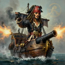a famous pirate ship with cannon firing, smoke, fog, matte painting by greg rutkowski, realistic painting, very detailed, trending on artstation, well illuminated, 4 k, masterpiece, winning award painting