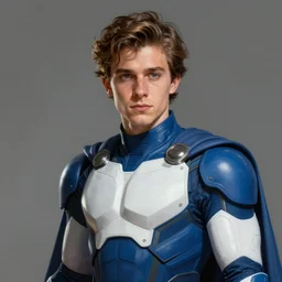 portrait of a superhero by greg rutkowski, he looks like ansel elgort, he is wearing a blue and white kevlar gear with a cape, highly detailed portrait, digital painting, artstation, concept art, smooth, sharp foccus ilustration, artstation hq