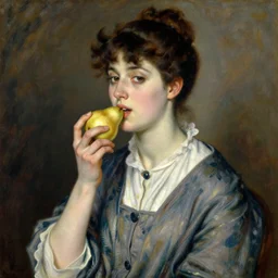vintage beautiful painting of a beautiful woman eating a pear in Mary Cassatt style