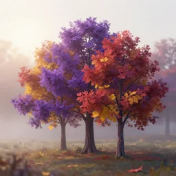 shot on 7 0 mm, textured 3 d, autumn trees with purple, red, yellow leaves, textured 3 d, hyperealism, misty, foggy morning, sun shines upon it, 4 k