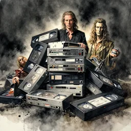 watercolor tossed pile of vhs recorders from black mold blast ian miller, boris vallejo, & albrecht durer, fine art masterpiece baked at 3 0 0 f, matte painting, backlit dystopian lighting, photorealistic render, cinematic,
