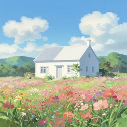in the dreamlike sea of flowers, there is a simple and atmospheric white villa, by makoto shinkai