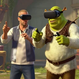 zidane and shrek wearing vr playing gta v, highly detailed, digital painting, artstation, concept art, sharp focus, illustration, art by greg rutkowski and alphonse mucha