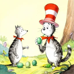cat in hat eating green eggs and ham, doctor seuss, illustrated