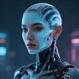 portrait of a slick futuristic cyborg with lcd screen skin. hyper realistic. cyberpunk background. intricate details