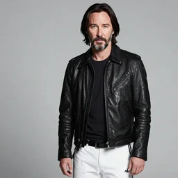 Keanu Reeves in a black leather jacket,  white Adidas pants. extreme long shot
