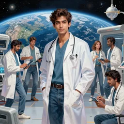 Sensual good looking pale young Indian doctors wearing jeans partying in a space station above Earth performing surgery, portrait, elegant, intricate, digital painting, artstation, concept art, smooth, sharp focus, illustration, art by artgerm and greg rutkowski and alphonse mucha