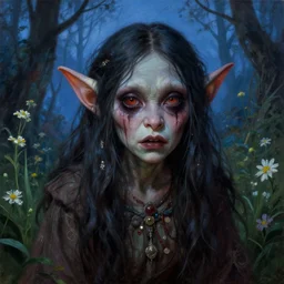a pretty but sinister and creepy goblin in layers of fear, with haunted eyes, violence in her eyes, 1 9 7 0 s, seventies, delicate embellishments, a little blood, woodland, blue dawn light shining on wildflowers, painterly, by walter popp, alexandre cabanel