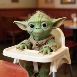 yoda sitting in a high chair at a table in the restaurant outback, annoyed, 3 5 mm, f / 2. 8