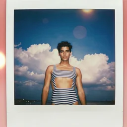 weathered old analog polaroid portrait photograph of a beautiful effeminate man wearing a vintage striped bathing suit, summer, azure sky, big clouds visible, lensflare, sunlight, glare, depth of field, bokeh, filmgrain, red color bleed