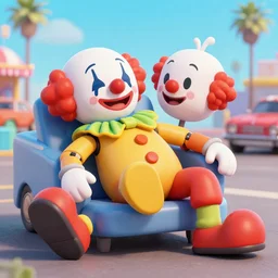 clown - robot relaxing at a california drive in, in 2 0 1 2, cutecore clowncore, bathed in the the glow of the sunset, low - light photograph, in style of tyler mitchell