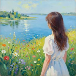 A highly artistic and interesting painting of a girl looking at a landscape of flowers and water:3', 'by Craig Mullins and Paul Ranson, featured on ArtStation, trending on ArtStation, cgsociety, trending on 500px, deviantart