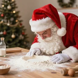 santa clause sniffing flour off the table