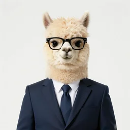 a portrait of a male alpaca character in a clean background by ndrews, esao, in suit with black glasses