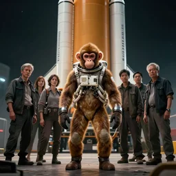 an astronaut monkey in front of spacex falcon 9, by john william godward and anna dittman and laurie greasley and victo ngai and taro okamoto and caspar david friedrich, full body portrait atmospheric lighting, intricate detail, cgsociety, hyperrealistic, octane render, rpg portrait, ambient light, dynamic lighting w - 1 0 2 4