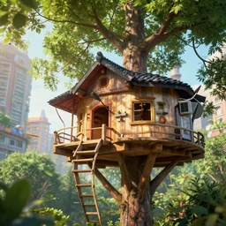 in a treehouse city, highly detailed, 8 k, hdr, award - winning, octane render, artstation, volumetric lighting