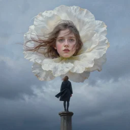 portrait, enormous flower head, a girl standing on pillar, surreal photography, wind and cold, dramatic sky, impressionist painting, digital painting, artstation, simon stalenhag