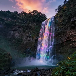 a dslr hd picture of glowing colorful waterfall falling from mountains, at the time of sunset, highly detailed