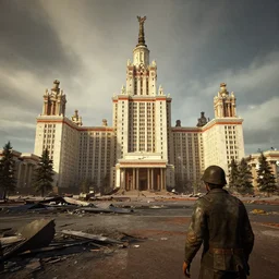 Moscow State University in ruins post-nuclear war in Fallout 4, in game screenshot