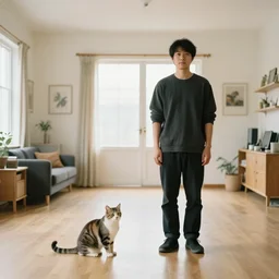 a full body portrait of a man and a cat in a wide room. the cat is two meters to the left of the man