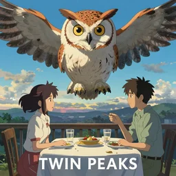 Twin Peaks movie poster artwork by Tomer Hanuka Rendering of a Dinner with an giant owl floating above it, full of details, by Makoto Shinkai and thomas kinkade, Matte painting, trending on artstation and unreal engine